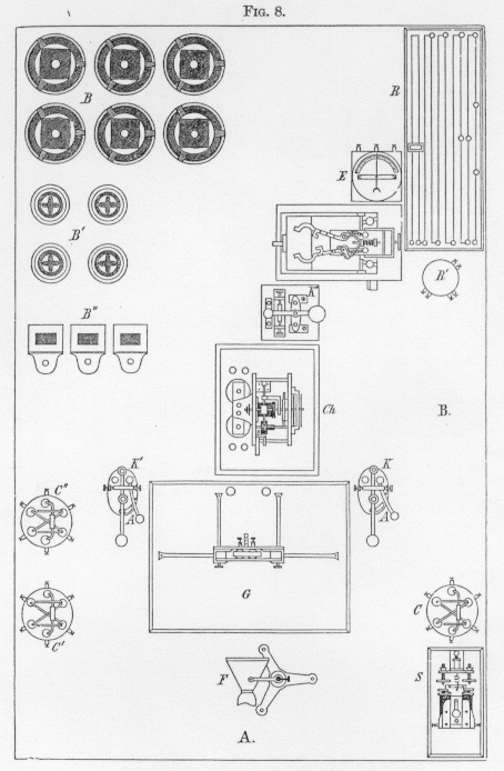 Black and white sketched parts of Hipp Chronoscope