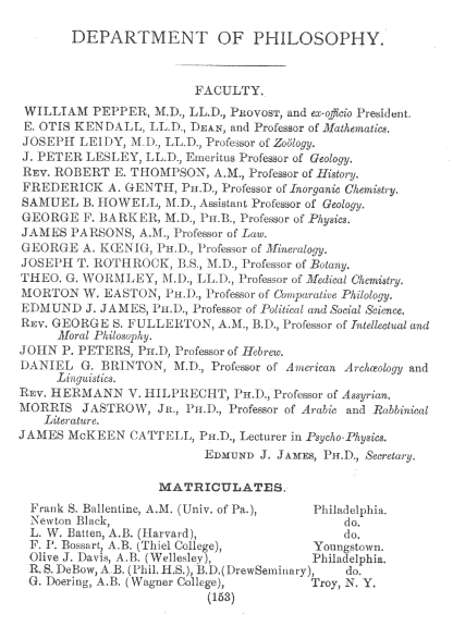 a black and white image of a page from a catalogue titled "Department of Philosophy," with names and areas of study of faculty and names and locations of matriculates.