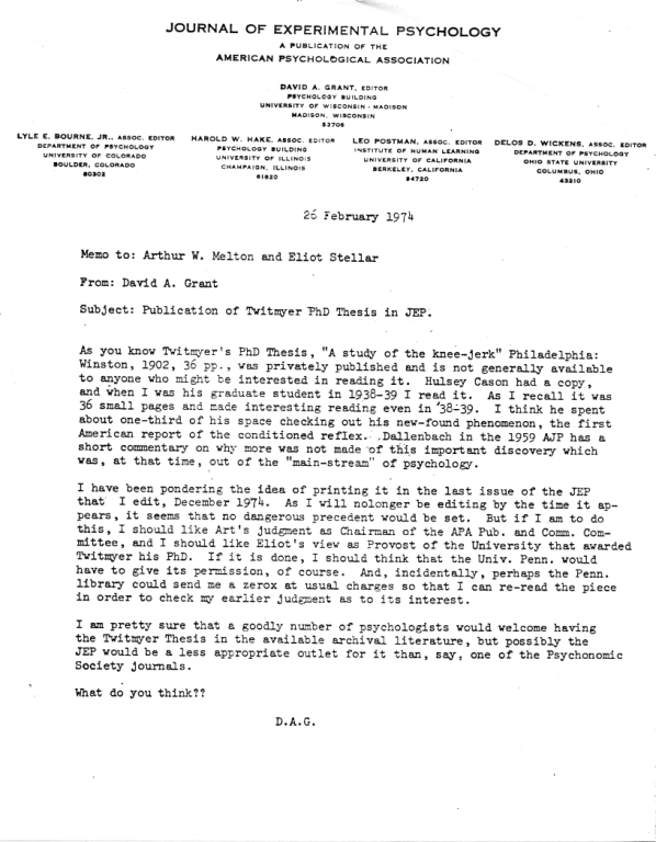 Letter concerning publication of Twitmyer's thesis.