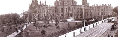 College Hall (and Logan Hall) viewed from Woodland Ave., ca. 1892.