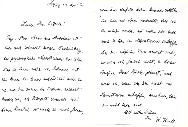 Note from Wundt to Cattell asking him to serve as an interpreter for the visit of Alexander Bain to the Leipzig laboratory.