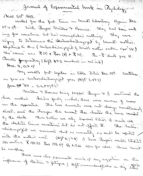 A sample page of notes from the laboratory notebook that Cattell kept during his sojourn in Wundt's laboratory (1883).
